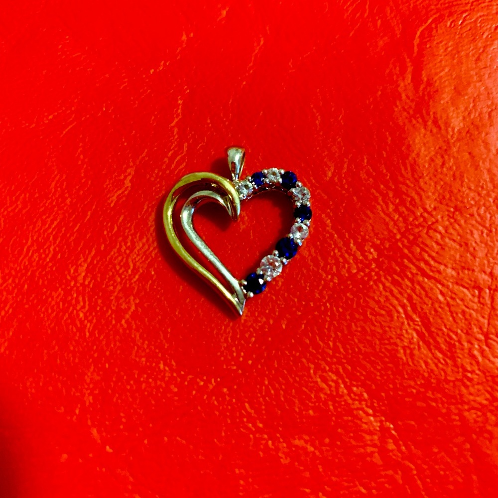 Beautiful silver & gold 2 toned heart with sapphires and crystals real 925 10k